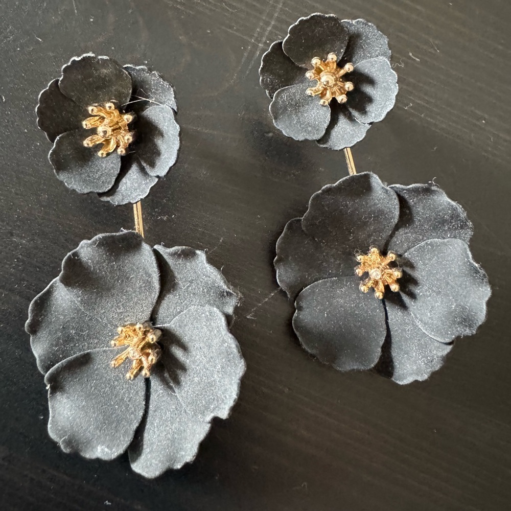 J crew muted Black Floral Drop Earrings with Gold Accents - Picture 2 of 3